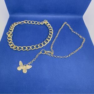Two gold choker chain necklaces collar with butterfly new  0229